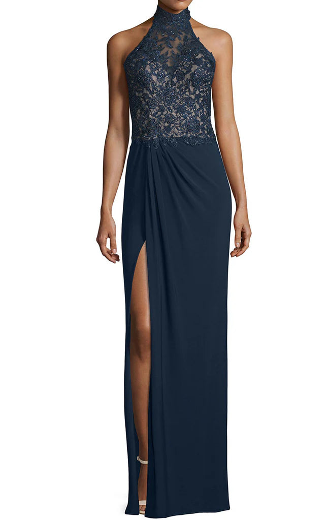 Neckholder-Spitzenjersey, langes Abendkleid, ärmellos, Ballkleider
